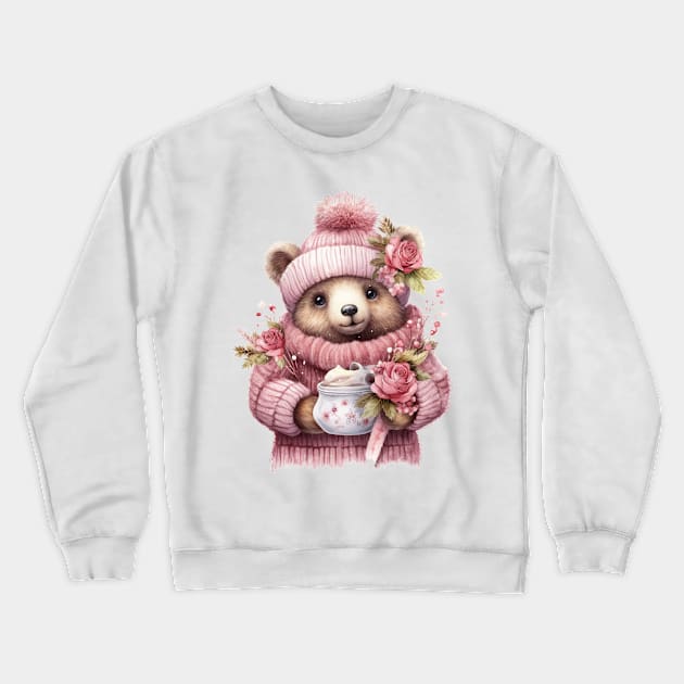 Pink Floral Christmas Bear Crewneck Sweatshirt by Chromatic Fusion Studio